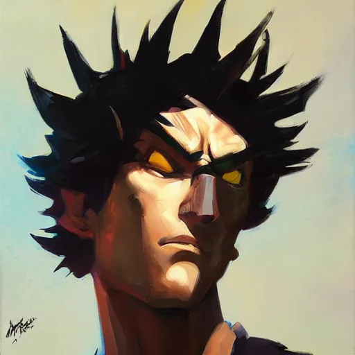 Image similar to greg manchess portrait painting of spike spiegel as overwatch character, totally whack, medium shot, asymmetrical, profile picture, organic painting, sunny day, matte painting, bold shapes, hard edges, street art, trending on artstation, by huang guangjian and gil elvgren and sachin teng