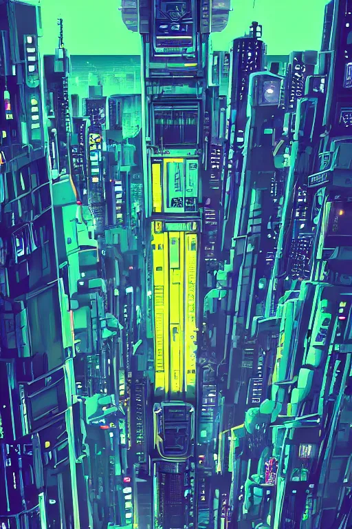 Image similar to cyberpunk buildings with a flight vehicle glowing in the sky, neon sign, bottom view ， bladerunner, by tomer hanuka