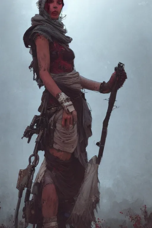 Image similar to a full body portrait of a beautiful post apocalyptic offworld rogues quarter bedouin blind pulp fiction scarlet wild rogue barbarian leper begging by the roadside, intricate, elegant, highly detailed, digital painting, artstation, concept art, smooth, sharp focus, illustration, art by krenz cushart and artem demura and alphonse mucha