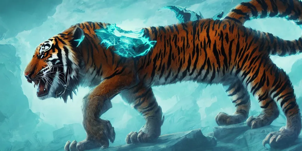 Image similar to Ghostly tiger creature made out of turquoise energy character design sheet, Monster Hunter Illustrations art book, Bright sparks, claws, huge sabertooth fangs, Moebius, Greg Rutkowski, Zabrocki, Karlkka, Jayison Devadas, Phuoc Quan, trending on Artstation, 8K, ultra wide angle, zenith view, pincushion lens effect.