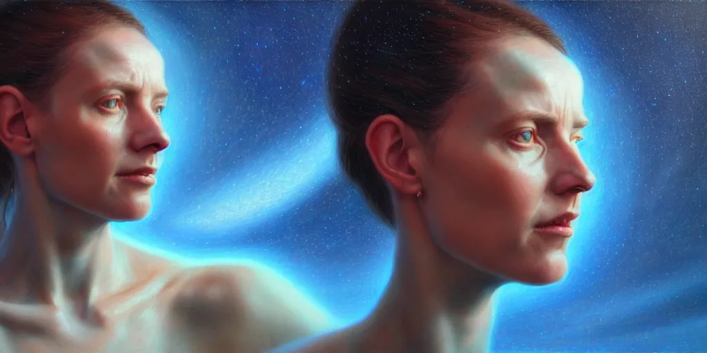 Image similar to ( ( ( ( ( hyperrealist distant portrait of liara t'soni on a blue planet where it rains colors. ) ) ) ) ) by donato giancola, science fiction, photorealistic, octane render, unreal engine, dynamic lighting, trending on artstation, poster, volumetric lighting, very detailed faces, 4 k, award winning