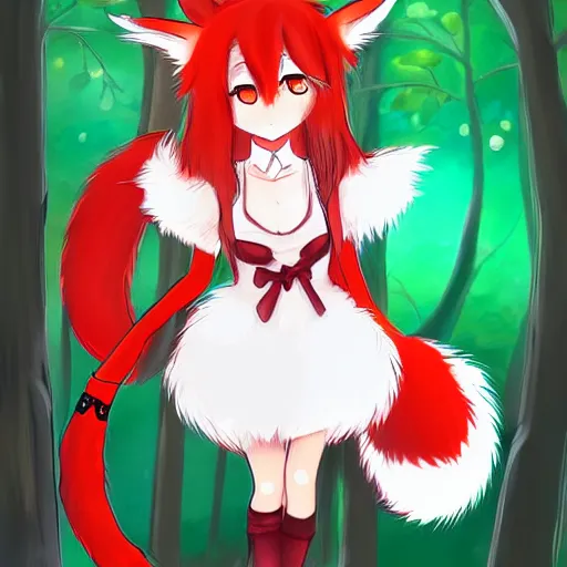 Prompt: cute anime foxgirl with two fox ears on her head and fluffy fox tail wearing red dress, art by Totempole
