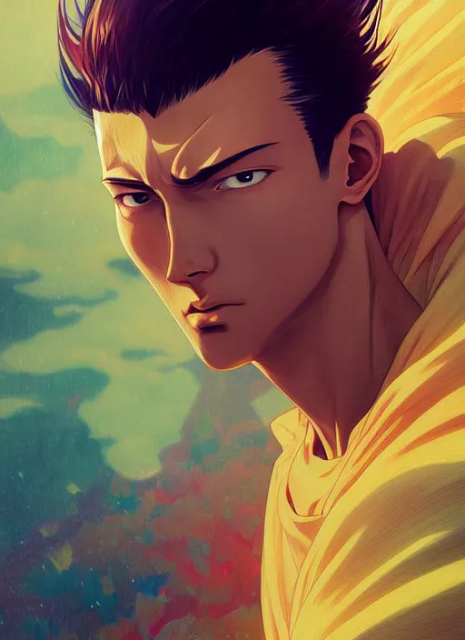 Image similar to handsome saitama, half body shot, path traced, epic, highly detailed, high quality, digital painting, alena aenami, lilia alvarado, shinji aramaki, karol bak, alphonse mucha, tom bagshaw