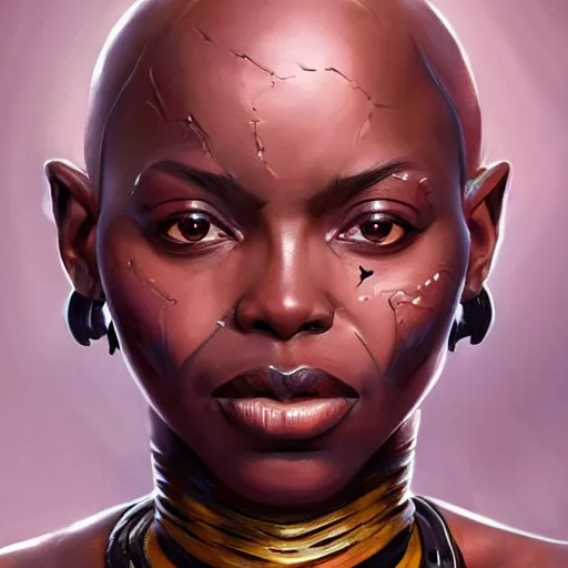 Prompt: beautiful, very strong, wakanda warrior woman, middle aged, face, no makeup, no tattoos, warrior, battle hardened, head shot, fantasy, highly detailed, digital painting, artstation, concept art, smooth, sharp focus, illustration, art by jodie muir and brom