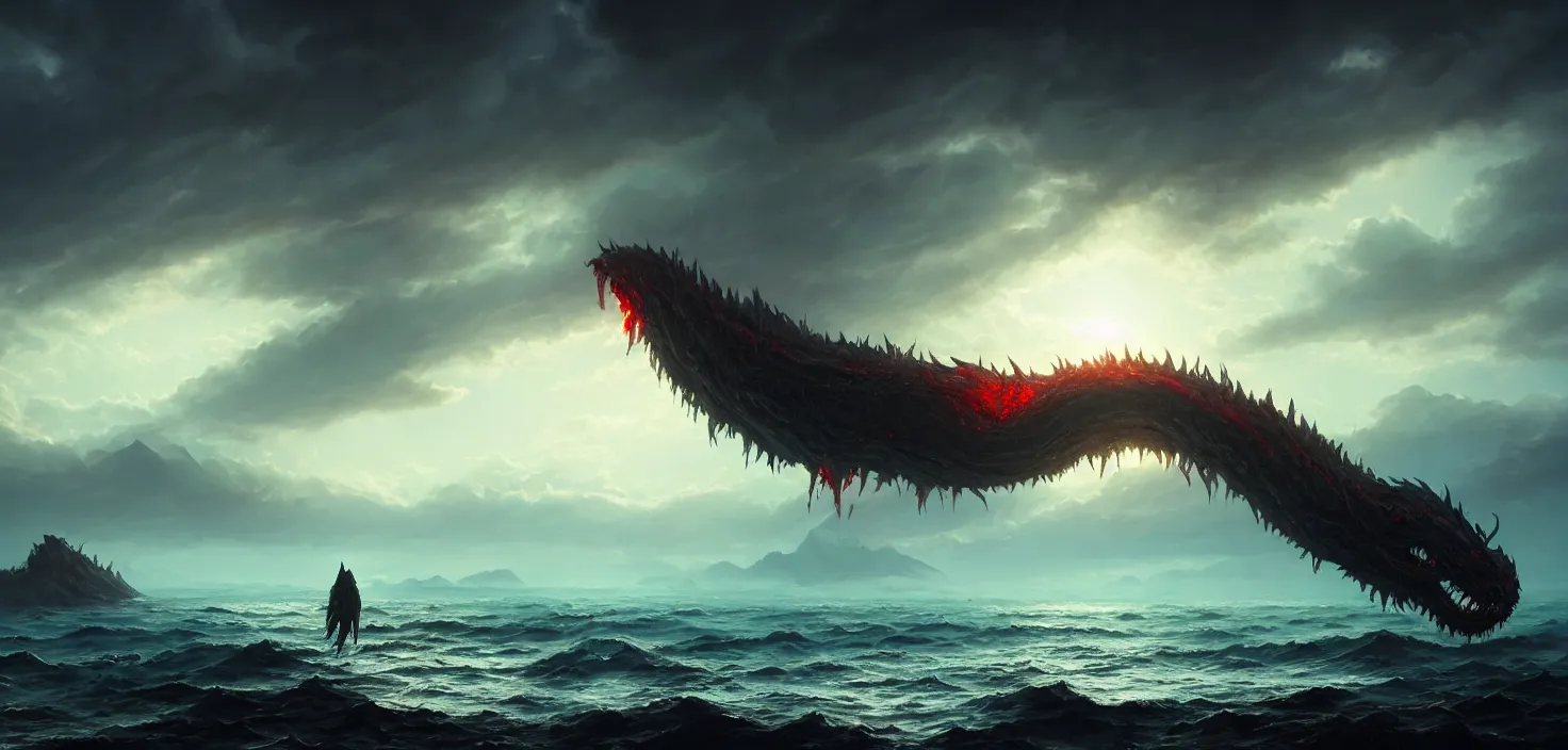 Prompt: mysterious monster rising from the bloody sea, seven dragon heads, landscape, cinematic view, epic sky, detailed, concept art, low angle, high detail, warm lighting, volumetric, godrays, vivid, beautiful, trending on artstation, by jordan grimmer, huge scene, grass, art greg rutkowski