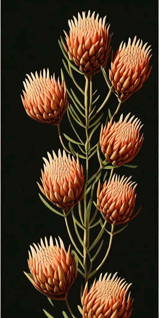 Image similar to tall king proteas against a black backdrop by martin johnson heade, artstation