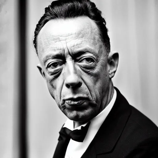 Prompt: 8k black and white photograph portrait of Albert Camus making a silly face. National Geographic. Hilarious.