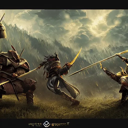 Image similar to high fantasy battle, sketch, dark, photorealistic, golden hour lighting