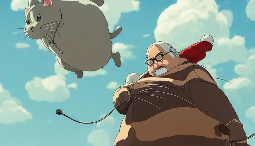 Image similar to the last fat catrider, comedy, graphic art, rgba, 8 k hd resolution, pinterest, dynamic character, 8 k character details, concept art, 8 k ultra realistic, intricate details, ultra detailed, reduce character duplication, in style of hayao miyazaki, by studio ghibli