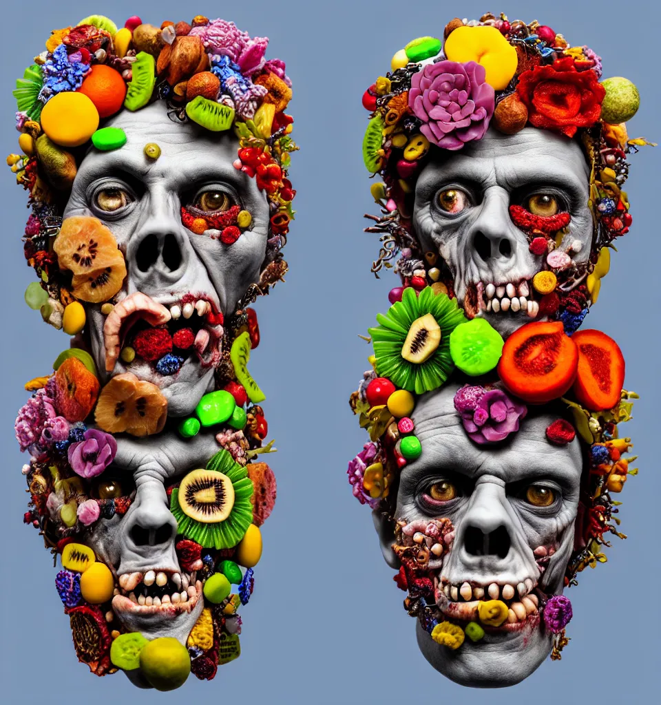 Image similar to portrait headshot of a zombie punk, head made of fruit gems and flowers in the style of arcimboldo, john currin, photorealistic, dynamic lighting, action figure, clay sculpture, claymation, dull blue cloudy background,