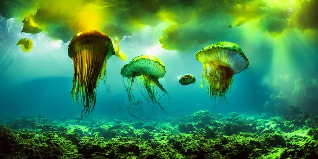 Prompt: full - length professional photo underwater landscape with a big flying jellyfish, green yellow colors, high detailed, upper volumetric lightning, photo by brian skerry, david doubilet, lucie drlikova