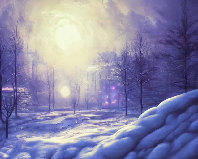 Image similar to scenery artwork, scene beautiful, light!! light essential cozy winter snow world snowy, surrealism oil on canvas, artstation!! pixiv!! dream scenery, quality astral projection render, nier automata concept art, vaporwave textures