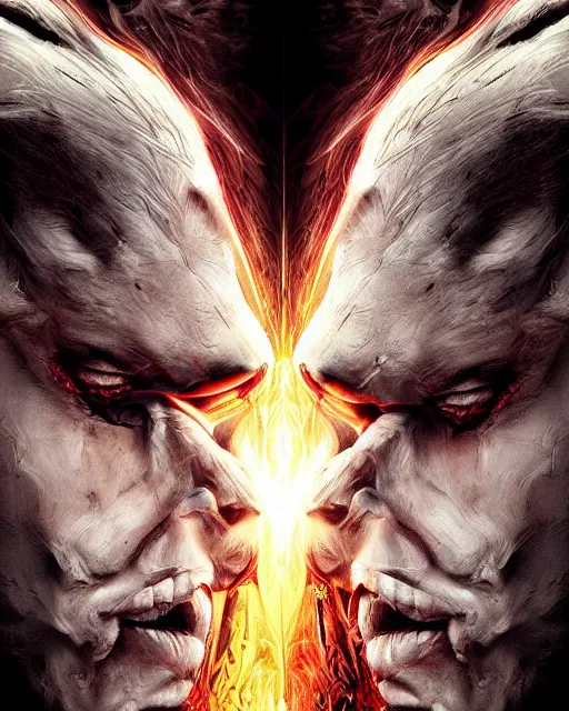 Image similar to epic art poster angel vs demon split face. close up extremely detailed trending on artstation award - winning art