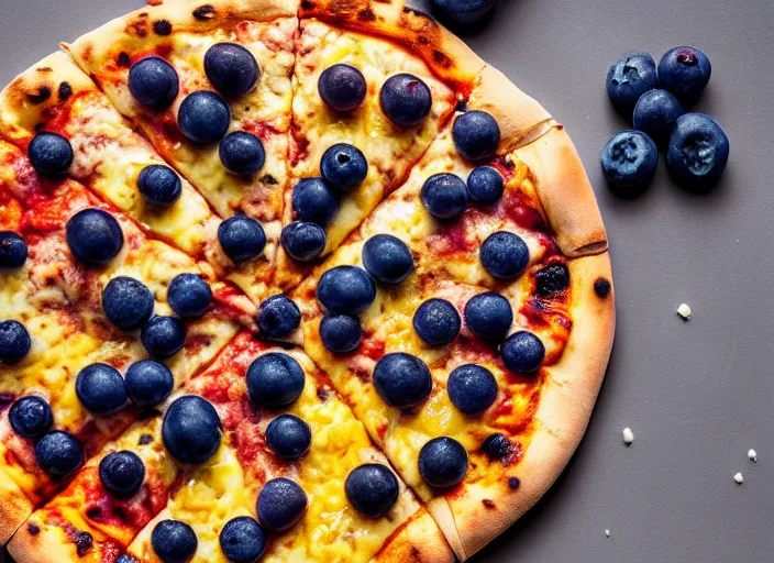 Image similar to A delicious plate of pizza with blueberries on, extra cheese, close up food photography, studio lighting, Sigma 35mm f/1.4