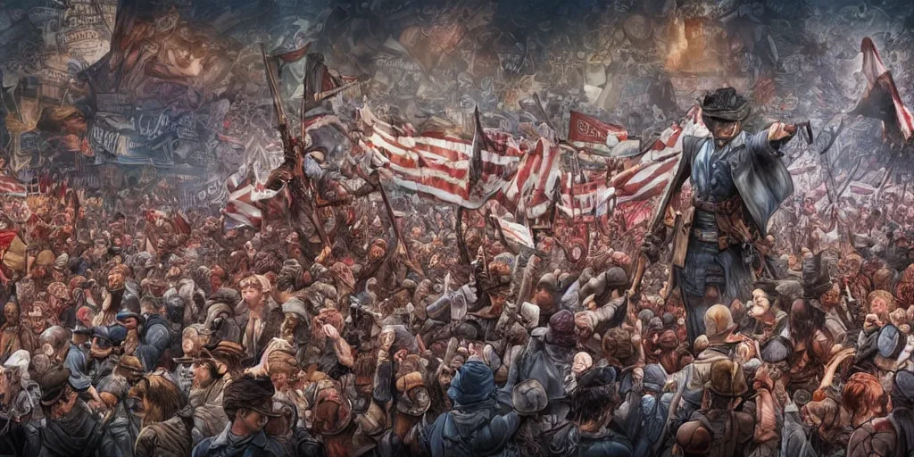 Prompt: i am happy to join with you today in what will go down in history as the greatest demonstration for freedom in the history of our nation. ultrafine detailed colored hyperrealistic illustration by kim jung gi, james jean, intricate linework, sharp focus, octopath traveler, final fantasy, unreal engine highly rendered, global illumination, radiant light, intricate environment