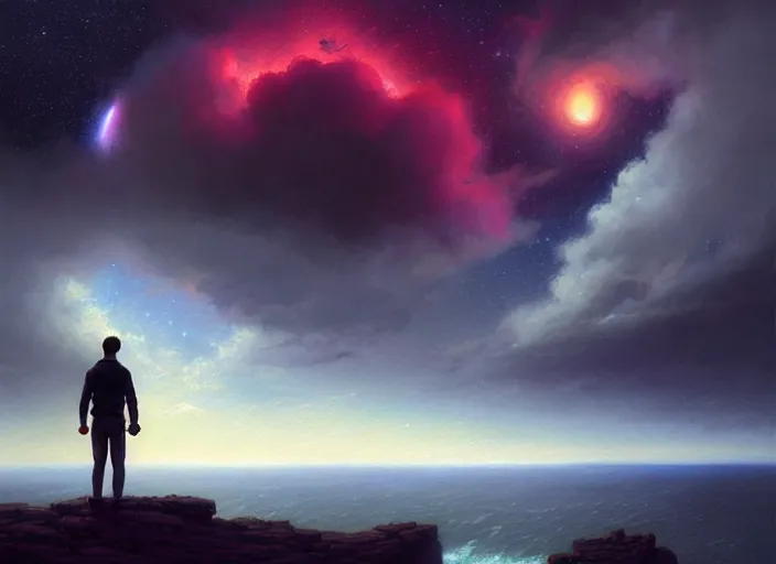 Image similar to dark silhuette of a man standing on a gray dull cliff looking out into a colorful cosmos, clouds, stars, rings, beautiful lighting, vivid colors, intricate, elegant, cgsociety, artstation trending, oil painting by greg rutkowski, by artgerm, by wlop