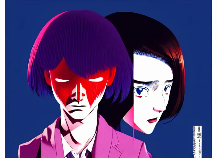 Image similar to editorial illustration by Karolis Strautniekas and Mads Berg, colorful, anime portrait vampire princess miyu, katsuhiro otomo, murata range, haruhiko mikimoto, Ilya kuvshinov,fine texture, smooth cel shading, symmetrical-face, fine details, matte print, film noir, dramatic lighting, dynamic composition, cinematic, film grain, moody, vivid, volumetric,stippled lighting, alphonse mucha face, art deco, smooth light shading, flat