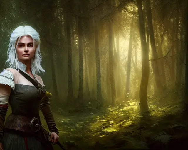 Image similar to 5 5 mm portrait photo of mkurilenko as ciri, in a forest. magical atmosphere. art by greg rutkowski. highly detailed 8 k. intricate. lifelike. soft light. nikon d 8 5 0.