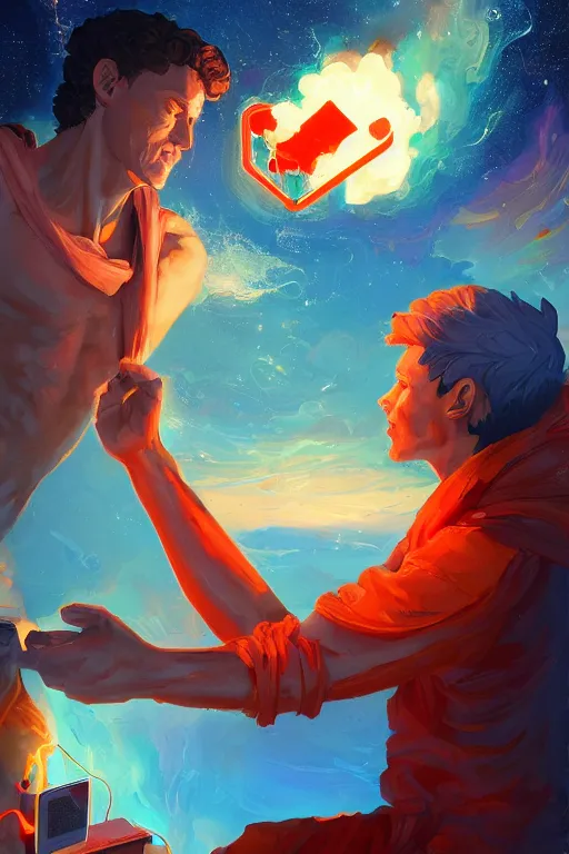 Image similar to the god hermes handing a man a computer on fire, the fire is made of binary code, digital painting bioluminance alena aenami artworks in 4 k design by lois van baarle by sung choi by john kirby artgerm style pascal blanche and magali villeneuve