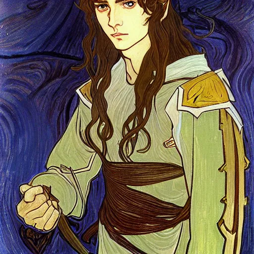 Image similar to portrait painting of young handsome beautiful paladin elf!! man with long! wavy dark hair in his 2 0 s named taehyung minjun adam at the blueberry party, wearing armor!, long hair, elf ears, blue eyes, blueeyes!, elegant, delicate, soft facial features, art, art by alphonse mucha, vincent van gogh, egon schiele,