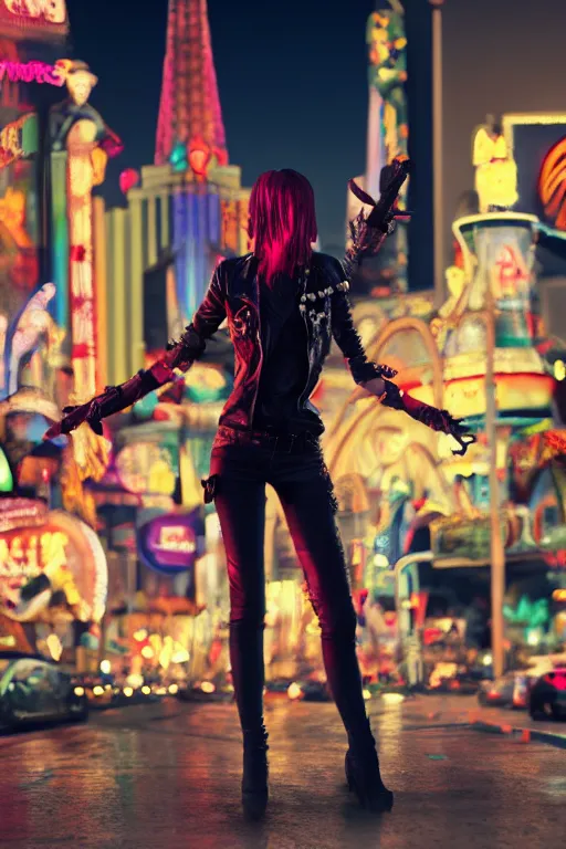 Prompt: full body portrait of a blood punk vampire, realistic proportions, coherent face, background of las vegas strip at night, cinematic, hyper realism, high detail, octane render, 8k, cgsociety