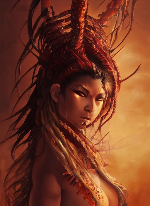 Prompt: a beautiful detailed oil on copper art illustration of a waka onna mask shogun dragon devil woman, centered, by charlie bowater, zeng fanzh, trending on artstation, dim dusk lighting, cinematic lighting, detailed lighting, volumetric lighting, realistic, f 8, 4 k hd wallpaper