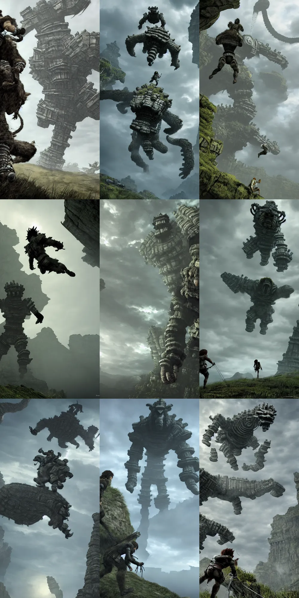 Prompt: incredible screenshot of shadow of the colossus on PS5, dynamic camera angle, deep 3 point perspective, fish eye, dynamic extreme foreshortening of wander climbing a spider Colossus, by phil hale, ashley wood, geoff darrow, james jean, 8k, hd, high resolution print