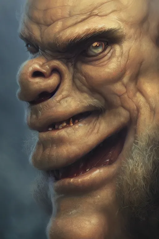 Image similar to dungeons and dragons ogre character closeup portrait, dramatic light, dungeon background, 2 0 0 mm focal length, painted by stanley lau, painted by greg rutkowski, painted by stanley artgerm, digital art, trending on artstation