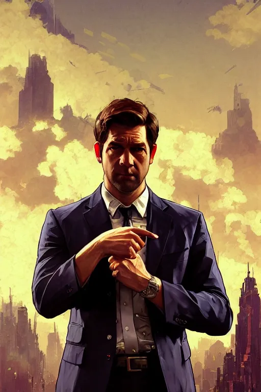 Image similar to gta jim halpert john krasinski profile picture by greg rutkowski, dynamic pose, intricate, futuristic, fantasy, elegant, by stanley artgerm lau, greg rutkowski, thomas kindkade, alphonse mucha, loish, norman rockwell, fantasy lut, asymmetric, long hair, retro computer graphics, video game, fluid lines,