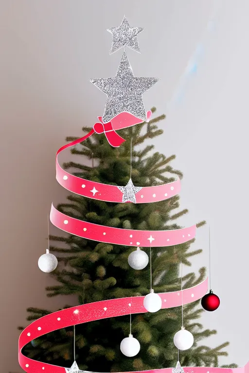 Image similar to flat sticker scandi christmas tree with kitsch glitzy baubles and stars and christmas robin bird decorations, silver pink white red mood, smooth sharp focus