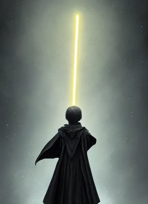 Image similar to perfectly - centered - portrait of a kid wearing black cloak holding light saber, intricate, highly detailed, digital painting, artstation, concept art, smooth, sharp focus, illustration, unreal engine 5, 8 k, art by artgerm and greg rutkowski and alphonse mucha and sam spratt