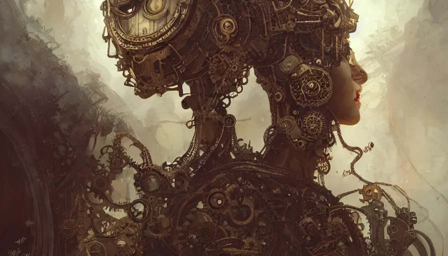 Image similar to ultra wide picture, steampunk, masterpiece, pinup, mcfarlane, fibonacci, sweat drops, insane, horror, intricate, highly detailed, digital painting, artstation, concept art, smooth, sharp focus, illustration, unreal engine 5, 8 k, art by artgerm and greg rutkowski and alphonse mucha