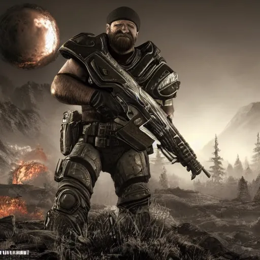 Image similar to Bob Ross in Gears of War, gloomy unreal engine 5 render