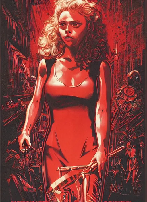 Image similar to scarlett johannson as the final girl on a vintage 1 9 8 0 s movie poster, slasher, horror, high details, intricate details, by vincent di fate, artgerm julie bell beeple, 1 9 8 0 s, inking, vintage 8 0 s print, screen print