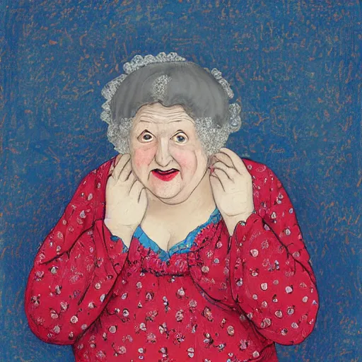 Image similar to of a very funny academic style mixed media style. a sweet fat old woman is in love with her self. flowery dress. symmetrical face, red mouth, blue eyes. a flowery dress. deep focus, lovely scene. a very funny and sweet picture. unreal engine. pencil and ink. goya painting style.