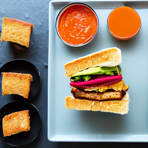 Image similar to sandwich with fried tofu, one red tomato slice, mayo, onion, avocado, melted cheddar, in a red dish, background saturn and stars in the sky