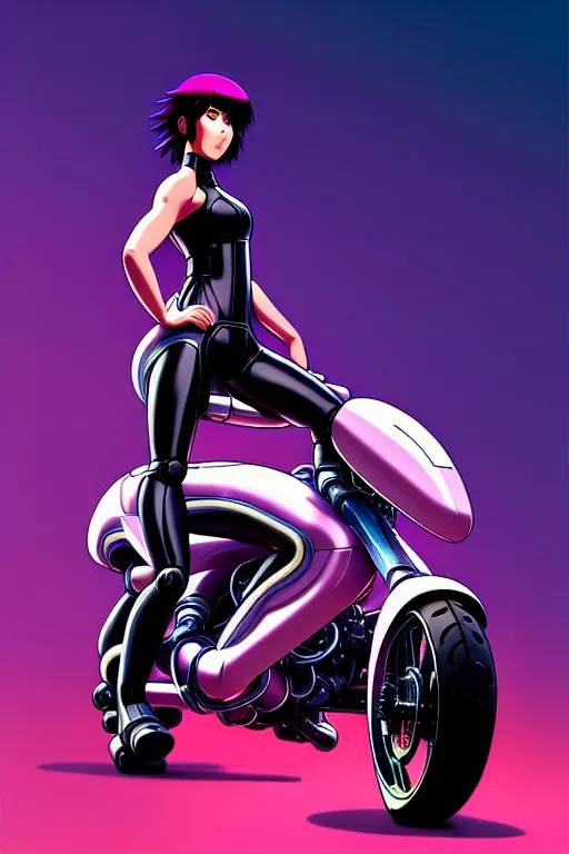 Image similar to a fullbody pose of motoko kusanagi riding futuristic motorbike, the major ghost in the shell : : stand alone complex, the laughing man, netflix : : by ilya kuvshinov, rossdraws, artgerm, sola digital arts, anti aliasing, raytracing : :