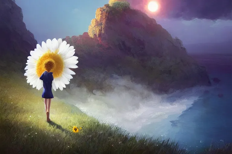 Image similar to large white daisy flower as a face, girl walking on cliff, surreal photography, solar eclipse, stars, dramatic light, impressionist painting, clouds, digital painting, artstation, james gilleard, liam wong, jeremy mann, simon stalenhag