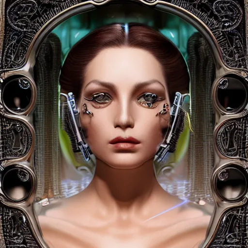 Image similar to very seductive woman integrating with technology, full face, insipiring, detailed intricate ornate cables connected to head, big open electric eyes, luxurious detailed abundent wiring and implants, diamonds, sci-fi, neon, emeralds, detailed technology full background, highly detailed, artstation, Rene Lalique and Eddie Mendoza and Gil Elvgren