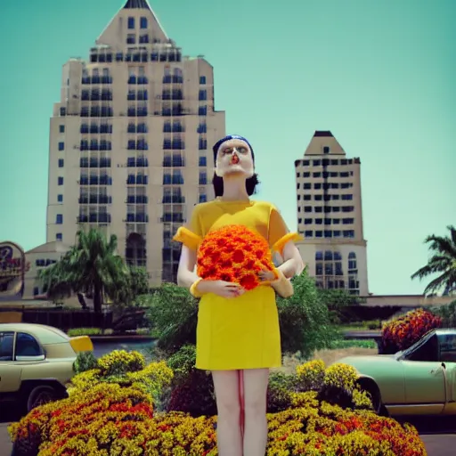 Image similar to giant flower head, frontal, girl standing in mid century hotel, surreal, symmetry, bright colors, cinematic, wes anderson