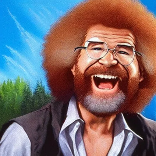 Image similar to bob ross screaming spray paint out of mouth