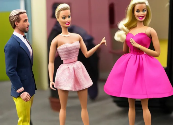 Prompt: a movie still of margot robbie as barbie. ryan gosling as ken doll. on the set of the new live action barbie movie.