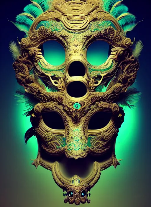 Prompt: 3 d venetian mask portrait, beautiful intricate highly detailed quetzalcoatl skull and feathers. bioluminescent, plasma, lava, ice, water, wind, creature, thunderstorm! artwork by tooth wu and wlop and beeple and greg rutkowski, 8 k trending on artstation,