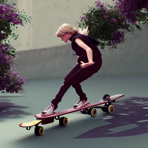 Prompt: princess diana doing a kickflip on a skateboard, stunning, surrounding cinematic light, hyper detailed, ornate and intricate, 4 k cinematic octane render