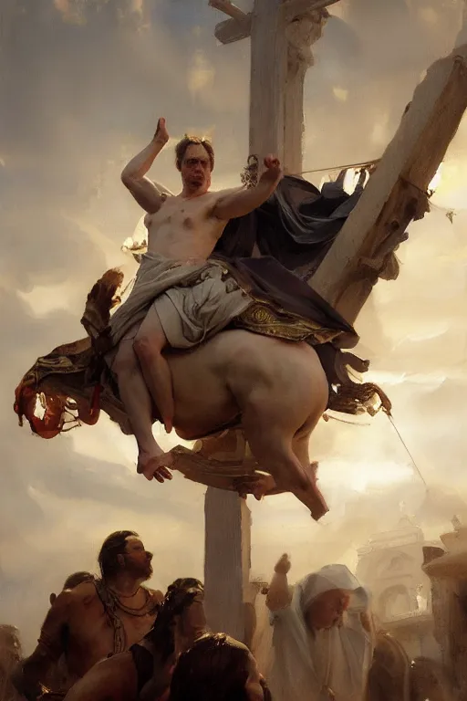 Image similar to beautiful oil painting portrait of ancient roman god emperor steve buscemi hovering in the air wearing the civic crown levitating and ascending in stations of the cross pose, art by anders zorn, wonderful masterpiece by greg rutkowski, expressive brush strokes, beautiful cinematic light, american romanticism by greg manchess, jessica rossier