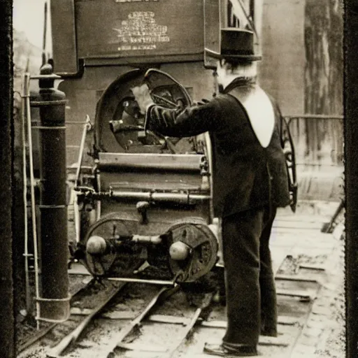 Prompt: archive photograph, 1856, train conductor uses a 3d printer on a steam engine