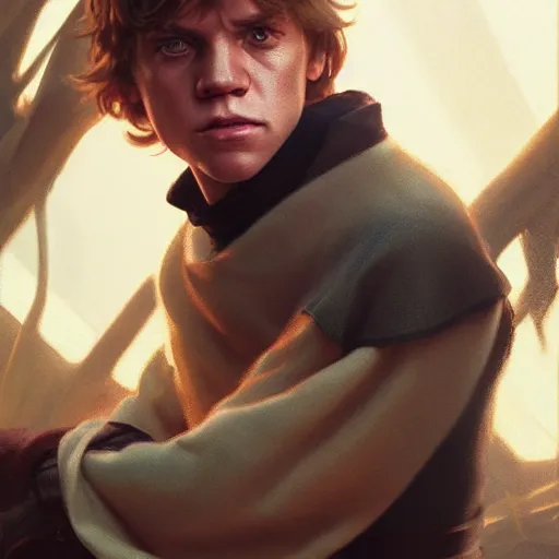 Image similar to a portrait of young luke skywalker cinematic lighting, photorealistic, octane render, 8 k, depth of field, 3 d, art by artgerm and greg rutkowski and alphonse mucha and uang guangjian and gil elvgren and sachin ten