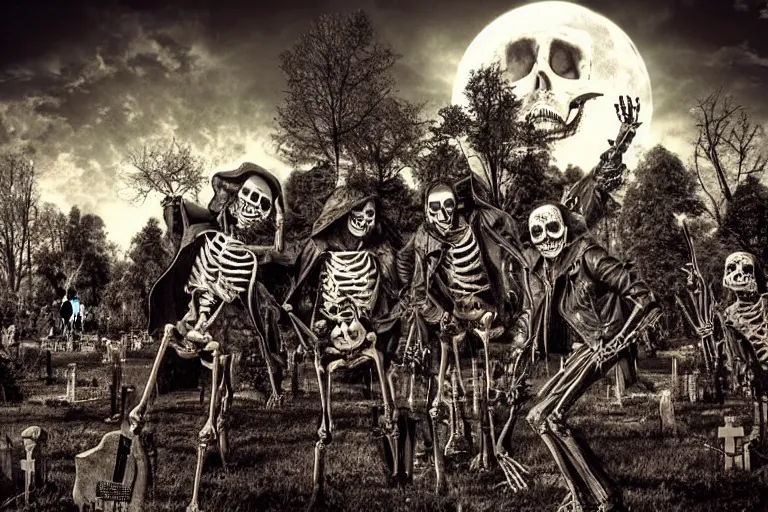 Prompt: rockers skeletons in leather jackets with electric guitars in the hands in a cemetery, evil faces, evil rock concert, dark night, full moon, the oak tree, highly detailed digital art, photorealistic