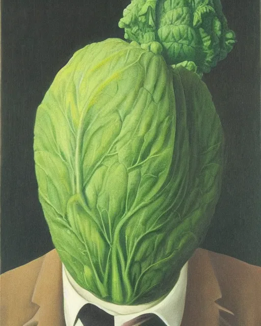 Prompt: painting of a man with a cabbage in the place of his head, masterpiece, painted by René Magritte and by Bernard Buffet