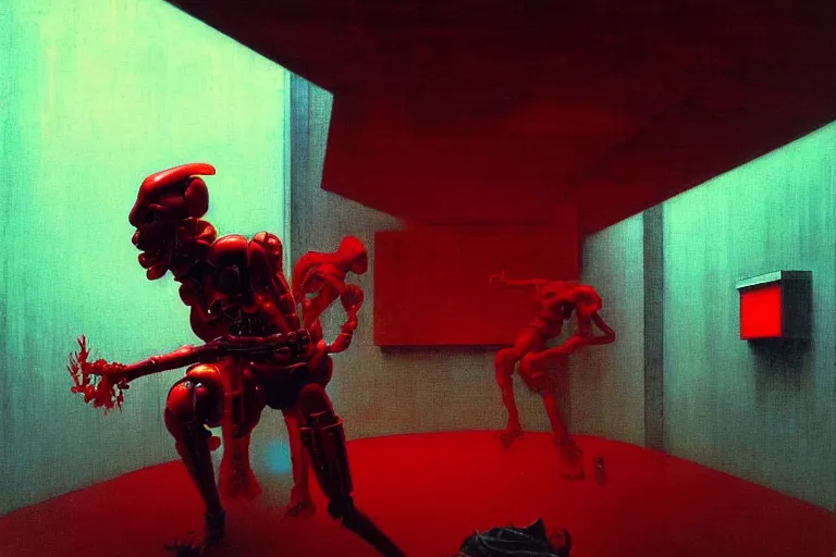 Image similar to only with red, a red cyborg samurai, tokio futuristic in background, some evil yokai, in the style of beksinski, parts by edward hopper, parts by rodcenko, parts by yue minjun, intricate and epic composition, red by caravaggio, insanely quality, highly detailed, masterpiece, red light, artstation, 4 k